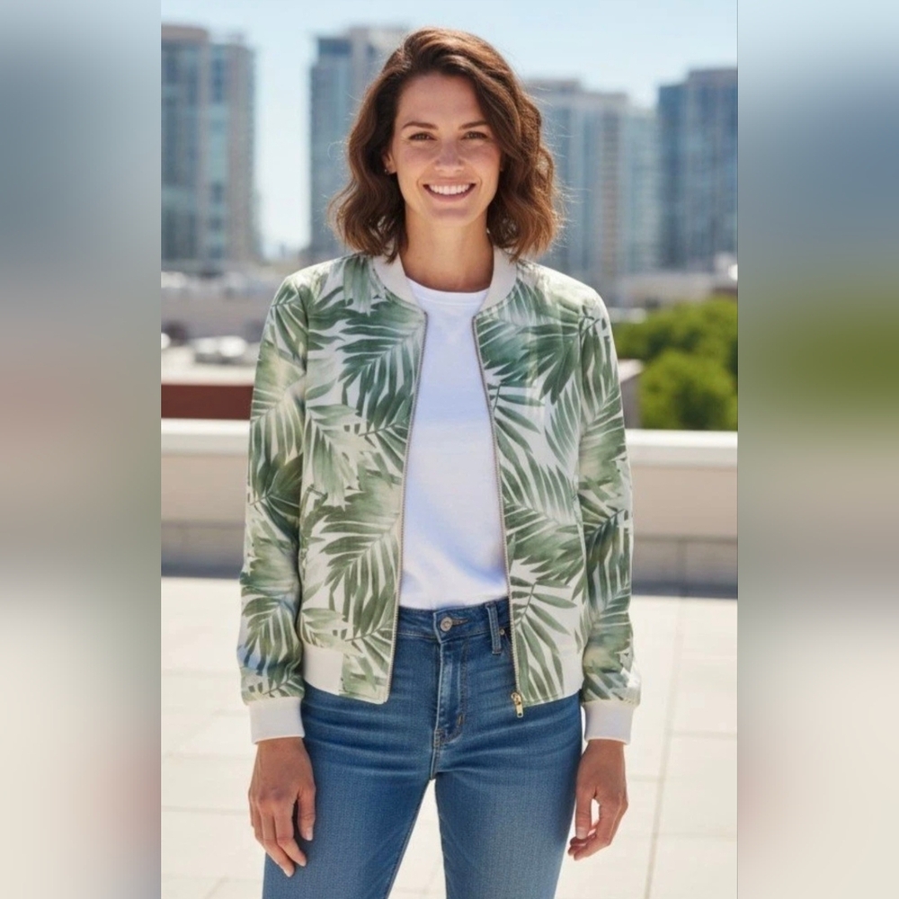Womens Cream Color Jacket with Green Palm Tree Leaves Size small NWT